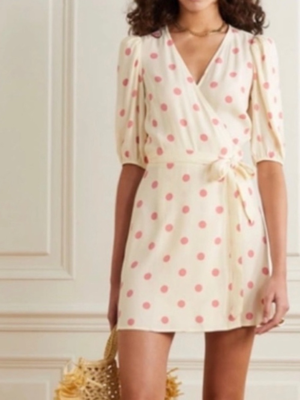 REFORMATION Olince Polka-Dot Crepe Mini Wrap Dress Perisian Quiet Luxury